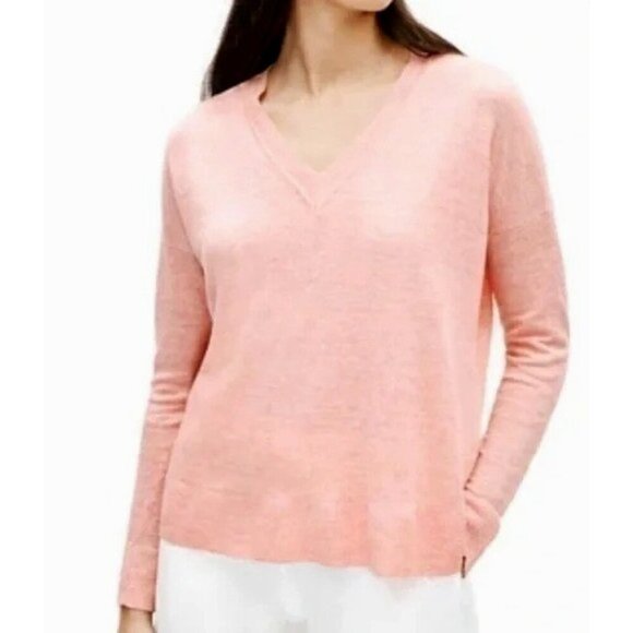 Eileen Fisher 100% Organic Linen Peach Melange V Neck Sweater Tunic Top - Picture 6 of 8